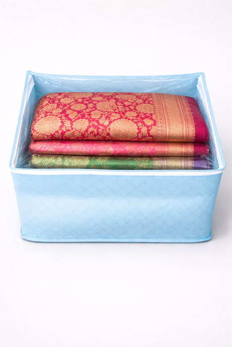 Sky Blue Saree Storage Organizer Bag with Transparent PVC Top & Dual Zipper | Foldable Clothes Storage Box for Sarees, Bedsheets & Blankets