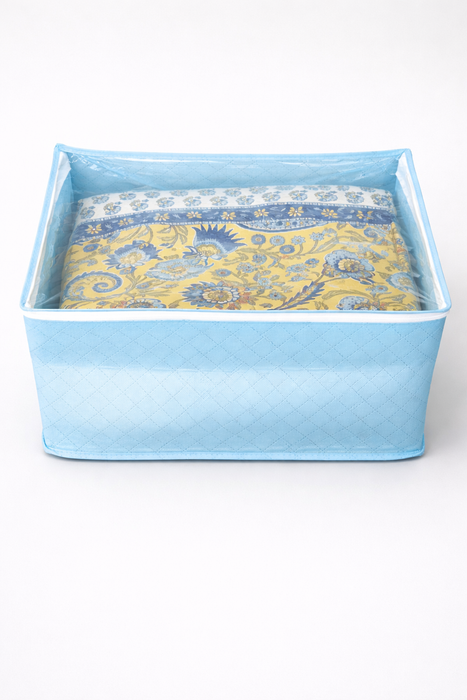 Sky Blue Saree Storage Organizer Bag with Transparent PVC Top & Dual Zipper | Foldable Clothes Storage Box for Sarees, Bedsheets & Blankets