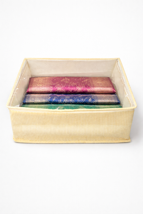 Golden Saree Storage Box with Transparent PVC Cover | Non Woven Clothes Organizer with Zip Closure