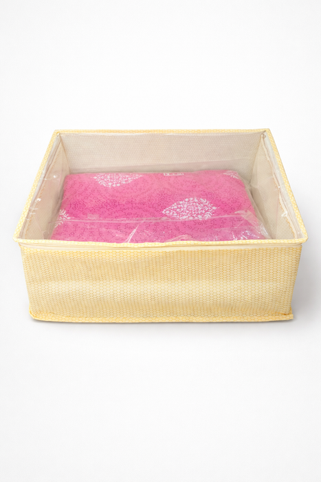 Golden Saree Storage Box with Transparent PVC Cover | Non Woven Clothes Organizer with Zip Closure
