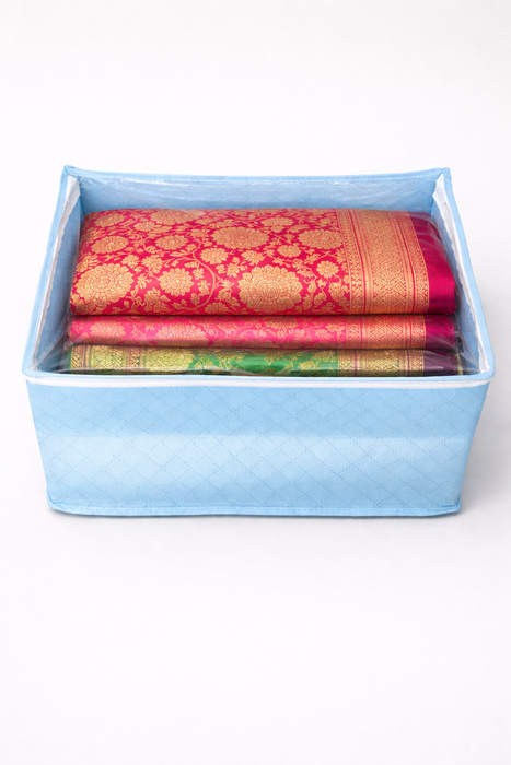 Sky Blue Saree Storage Organizer Bag with Transparent PVC Top & Dual Zipper | Foldable Clothes Storage Box for Sarees, Bedsheets & Blankets