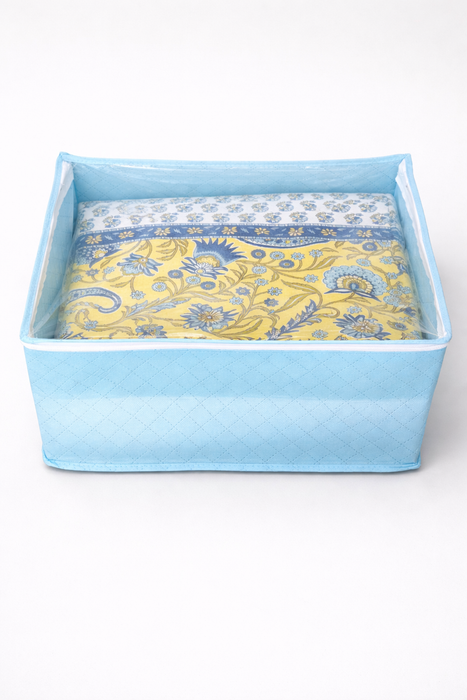 Sky Blue Saree Storage Organizer Bag with Transparent PVC Top & Dual Zipper | Foldable Clothes Storage Box for Sarees, Bedsheets & Blankets