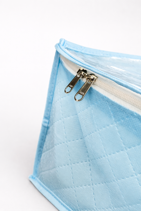 Sky Blue Saree Storage Organizer Bag with Transparent PVC Top & Dual Zipper | Foldable Clothes Storage Box for Sarees, Bedsheets & Blankets