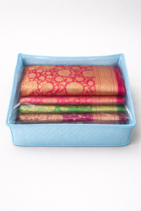 Sky Blue Saree Storage Organizer Bag with Transparent PVC Top & Dual Zipper | Foldable Clothes Storage Box for Sarees, Bedsheets & Blankets