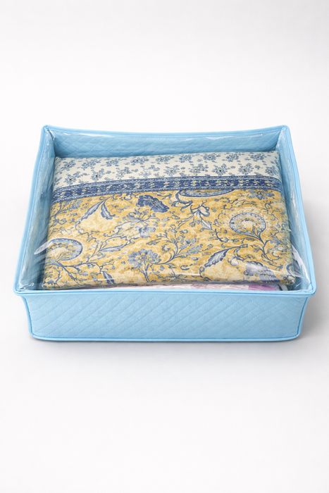 Sky Blue Saree Storage Organizer Bag with Transparent PVC Top & Dual Zipper | Foldable Clothes Storage Box for Sarees, Bedsheets & Blankets