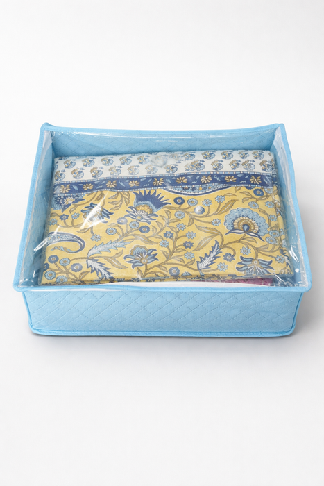 Sky Blue Saree Storage Organizer Bag with Transparent PVC Top & Dual Zipper | Foldable Clothes Storage Box for Sarees, Bedsheets & Blankets