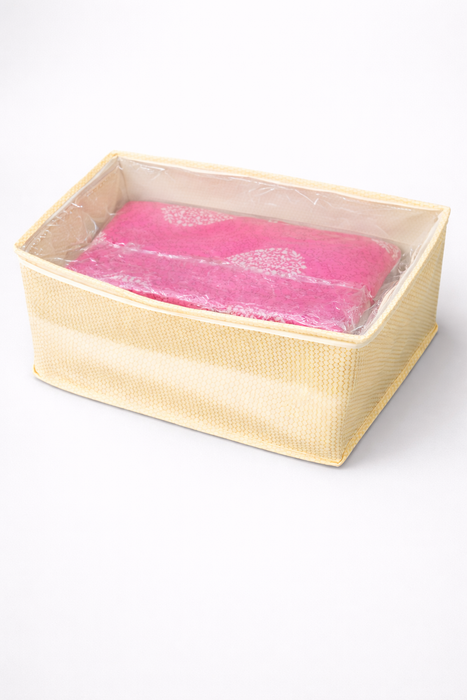 Golden Saree Storage Box with Transparent PVC Cover | Non Woven Clothes Organizer with Zip Closure