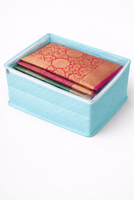Sky Blue Saree Storage Organizer Bag with Transparent PVC Top & Dual Zipper | Foldable Clothes Storage Box for Sarees, Bedsheets & Blankets