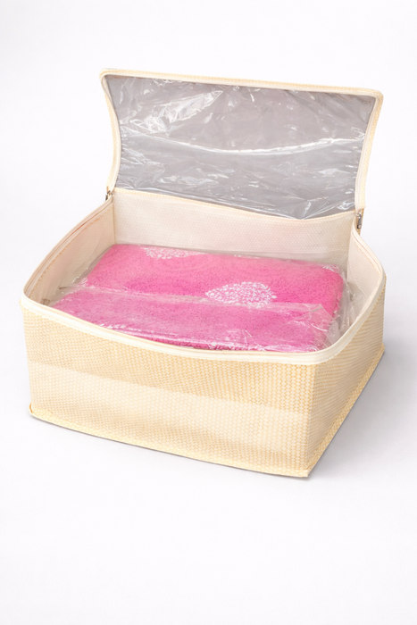 Golden Saree Storage Box with Transparent PVC Cover | Non Woven Clothes Organizer with Zip Closure