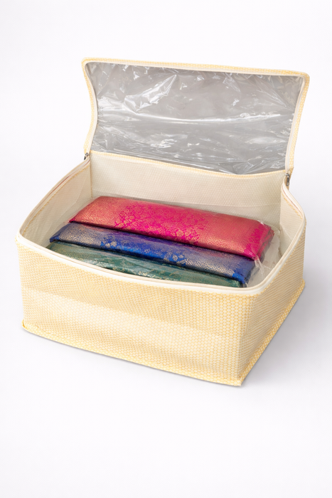 Golden Saree Storage Box with Transparent PVC Cover | Non Woven Clothes Organizer with Zip Closure