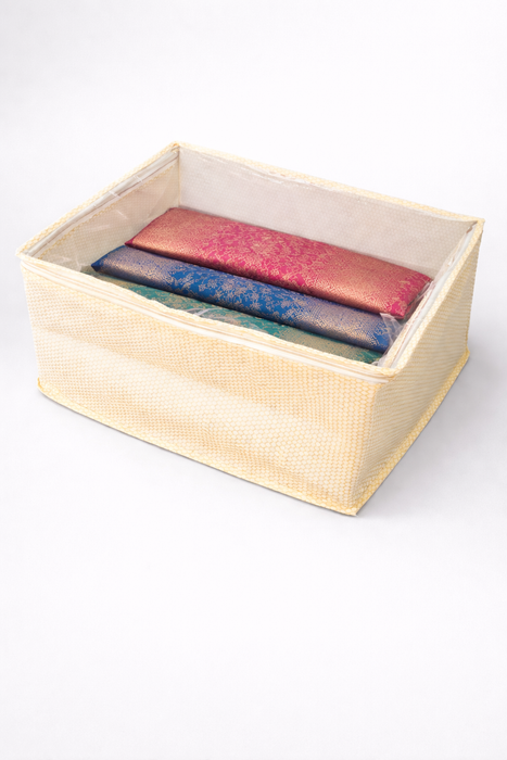Golden Saree Storage Box with Transparent PVC Cover | Non Woven Clothes Organizer with Zip Closure