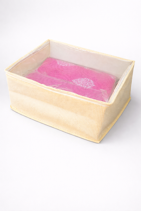 Golden Saree Storage Box with Transparent PVC Cover | Non Woven Clothes Organizer with Zip Closure