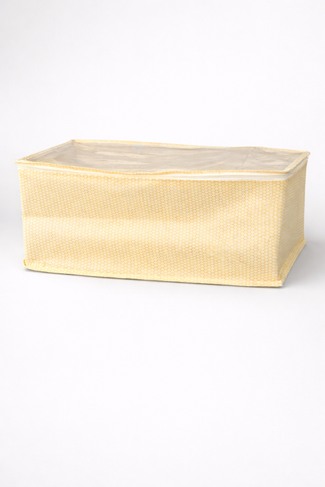 Golden Saree Storage Box with Transparent PVC Cover | Non Woven Clothes Organizer with Zip Closure