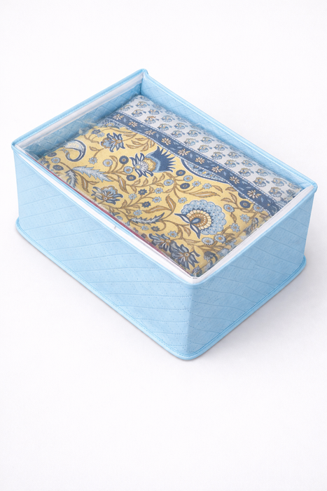 Sky Blue Saree Storage Organizer Bag with Transparent PVC Top & Dual Zipper | Foldable Clothes Storage Box for Sarees, Bedsheets & Blankets