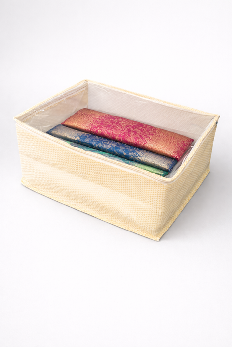 Golden Saree Storage Box with Transparent PVC Cover | Non Woven Clothes Organizer with Zip Closure
