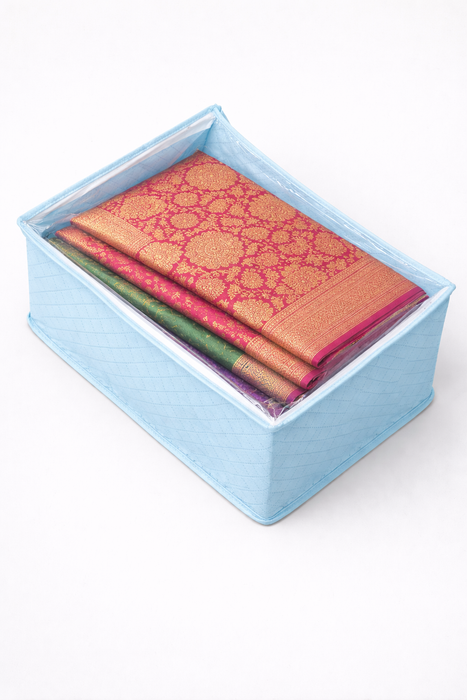 Sky Blue Saree Storage Organizer Bag with Transparent PVC Top & Dual Zipper | Foldable Clothes Storage Box for Sarees, Bedsheets & Blankets