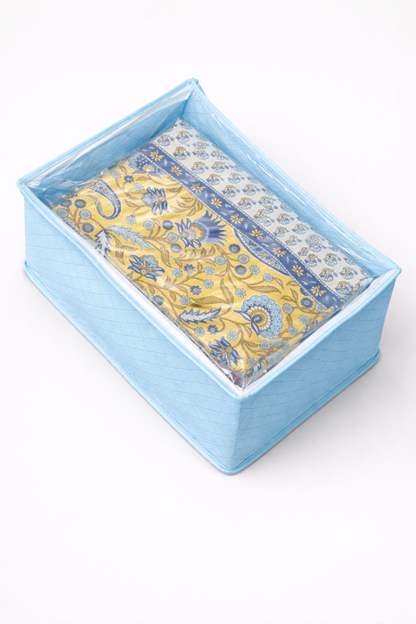 Sky Blue Saree Storage Organizer Bag with Transparent PVC Top & Dual Zipper | Foldable Clothes Storage Box for Sarees, Bedsheets & Blankets