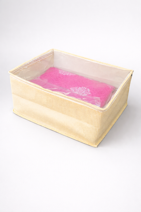 Golden Saree Storage Box with Transparent PVC Cover | Non Woven Clothes Organizer with Zip Closure