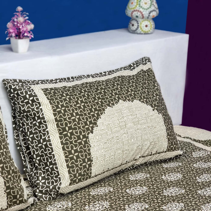 Olive Green Jaipuri Print Cotton Bedsheet with Pillow Set | Shop Now