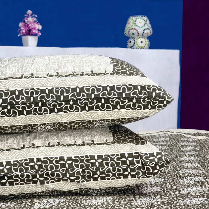 Olive Green Jaipuri Print Cotton Bedsheet with Pillow Set | Shop Now