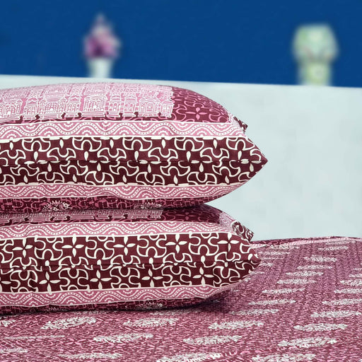 Buy Our Pink Hawa Mahal Print Cotton King Size Bedsheet & Pillow Set