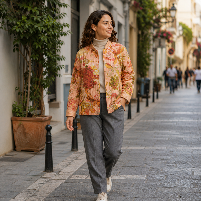 Women’s Floral Printed Quilted Jacket with Full Sleeves & Button Closure