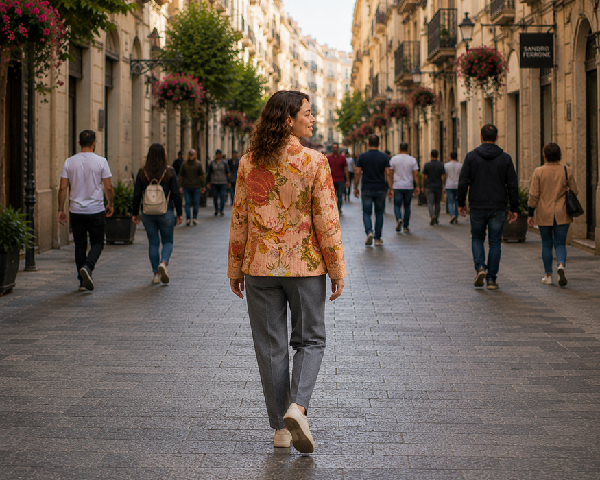 Women’s Floral Printed Quilted Jacket with Full Sleeves & Button Closure
