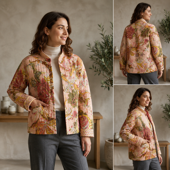 Women’s Floral Printed Quilted Jacket with Full Sleeves & Button Closure