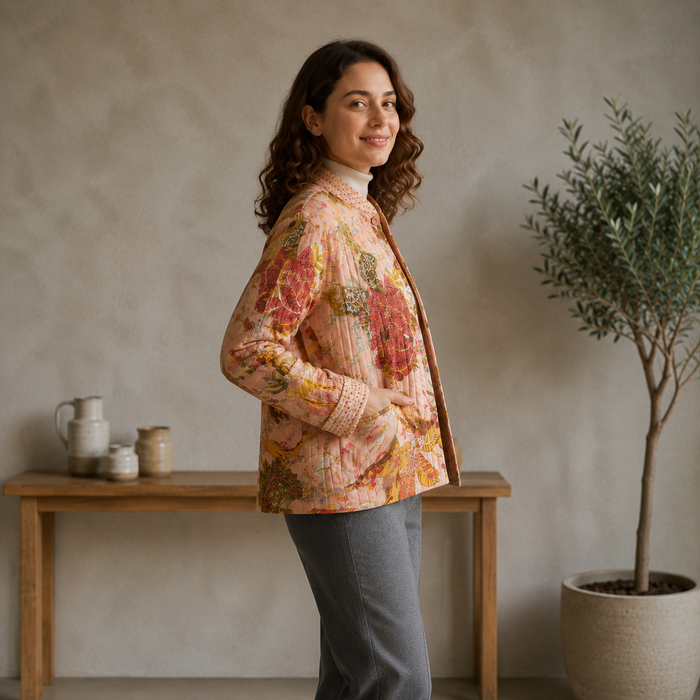 Women’s Floral Printed Quilted Jacket with Full Sleeves & Button Closure