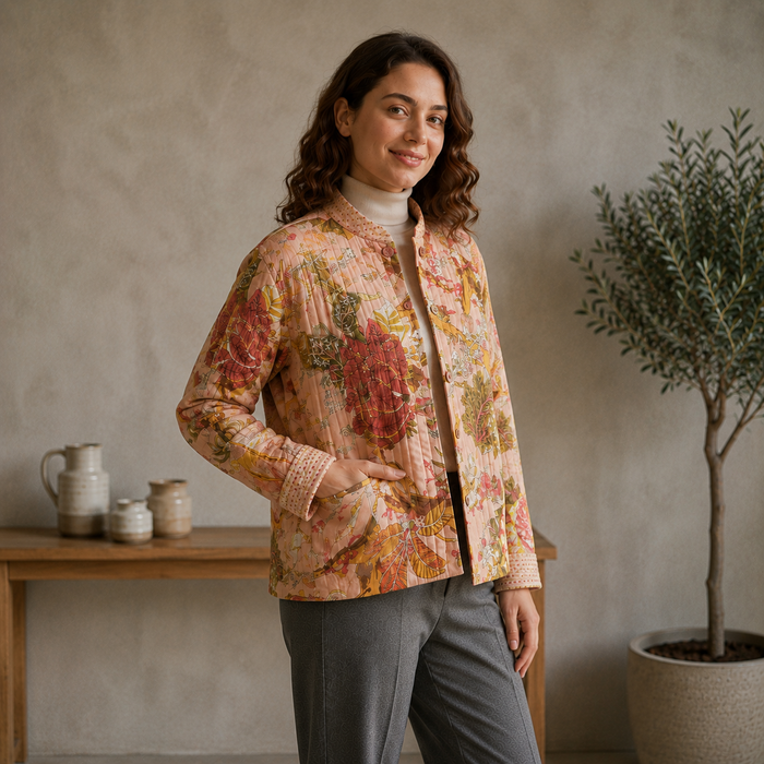 Women’s Floral Printed Quilted Jacket with Full Sleeves & Button Closure