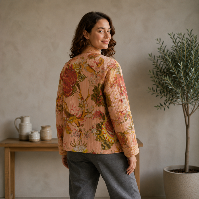 Women’s Floral Printed Quilted Jacket with Full Sleeves & Button Closure