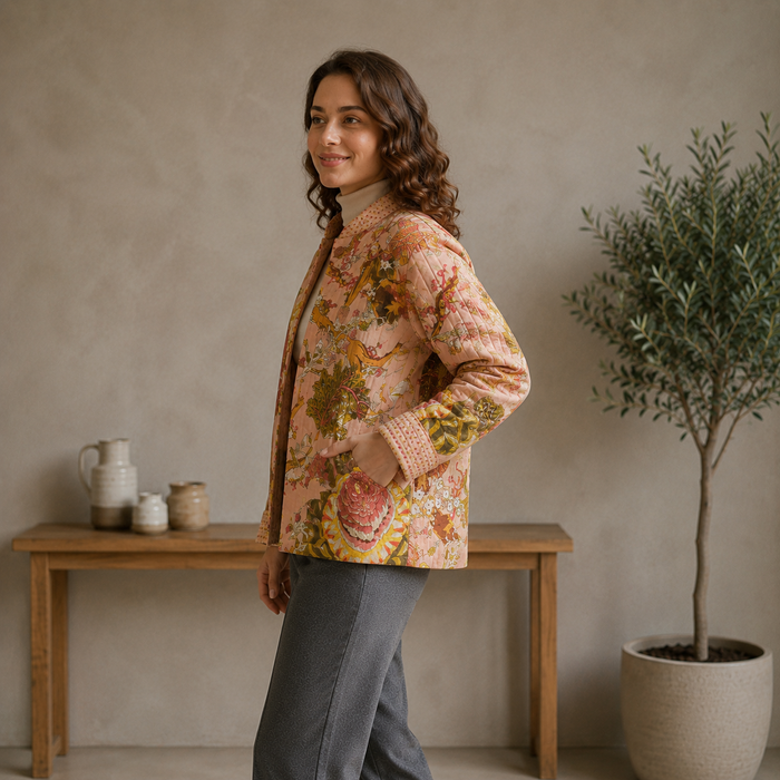 Women’s Floral Printed Quilted Jacket with Full Sleeves & Button Closure