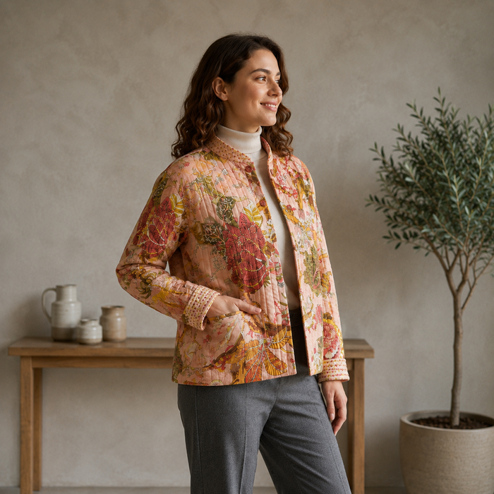 Women’s Floral Printed Quilted Jacket with Full Sleeves & Button Closure