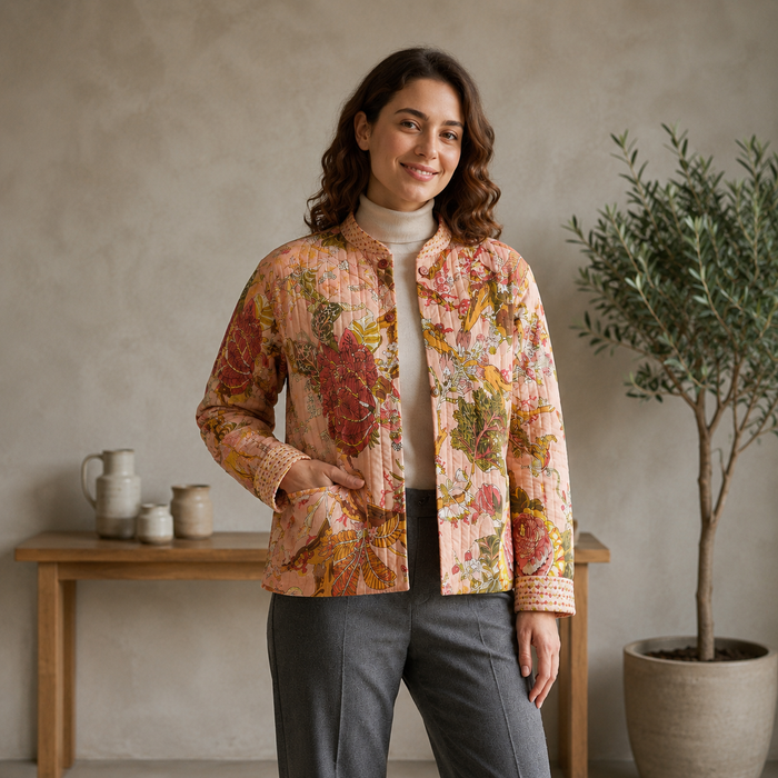 Women’s Floral Printed Quilted Jacket with Full Sleeves & Button Closure