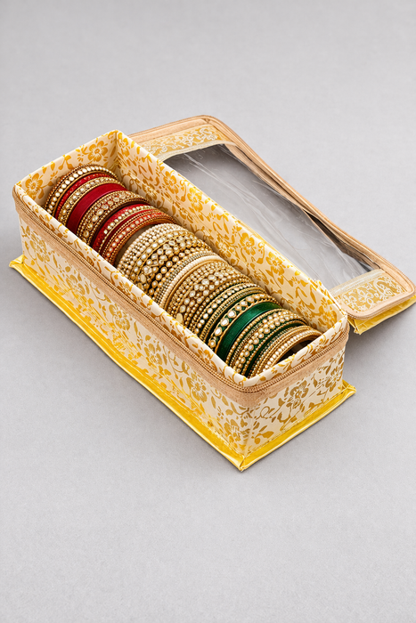 Golden Bangle Box with Transparent Lid | Brocade Hardboard Single Rod Bangle Box , Jewelry Storage Box