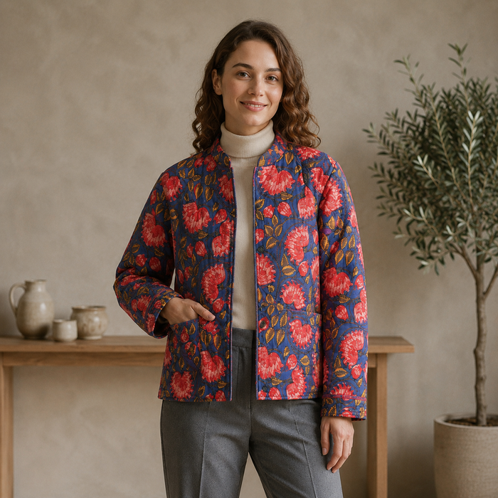 Women’s Floral Printed Quilted Jacket with Full Sleeves
