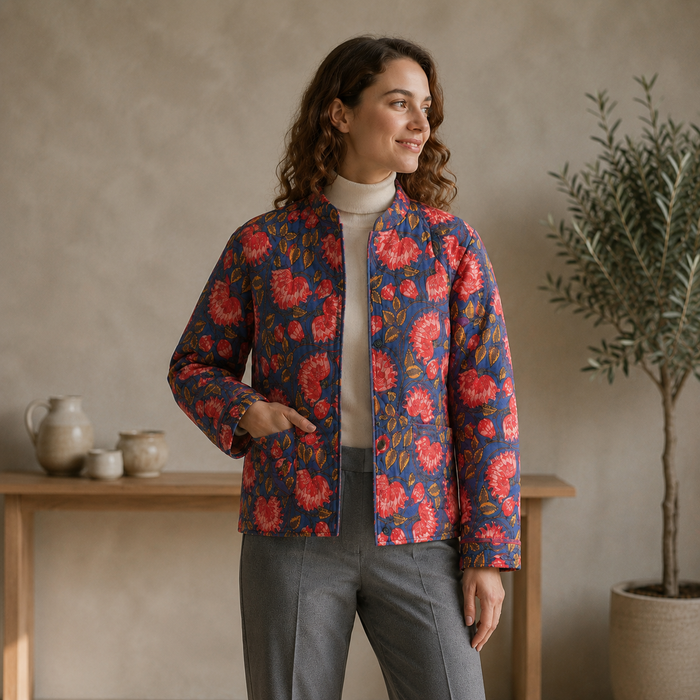 Women’s Floral Printed Quilted Jacket with Full Sleeves