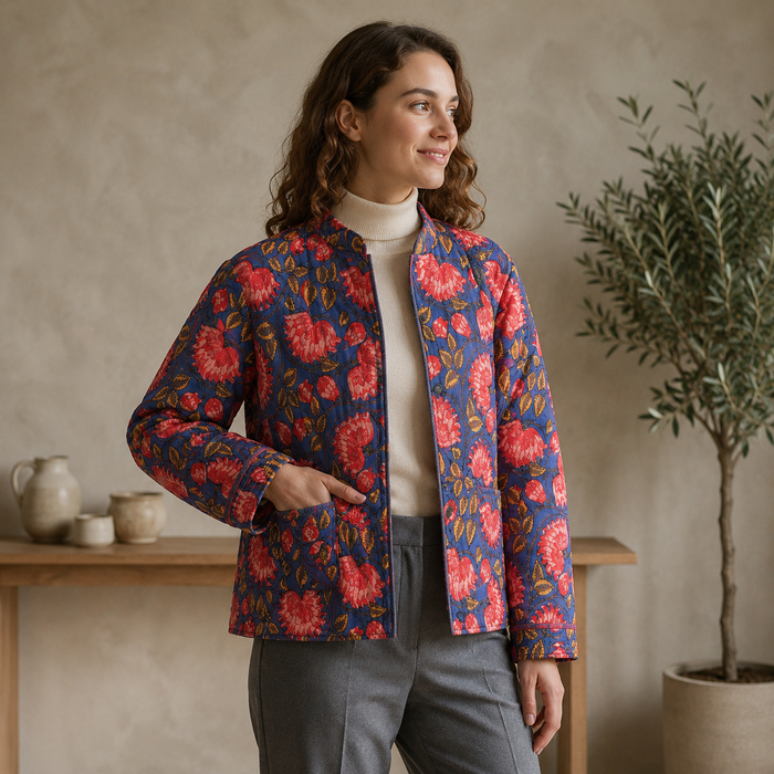 Women’s Floral Printed Quilted Jacket with Full Sleeves