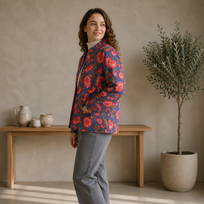 Women’s Floral Printed Quilted Jacket with Full Sleeves