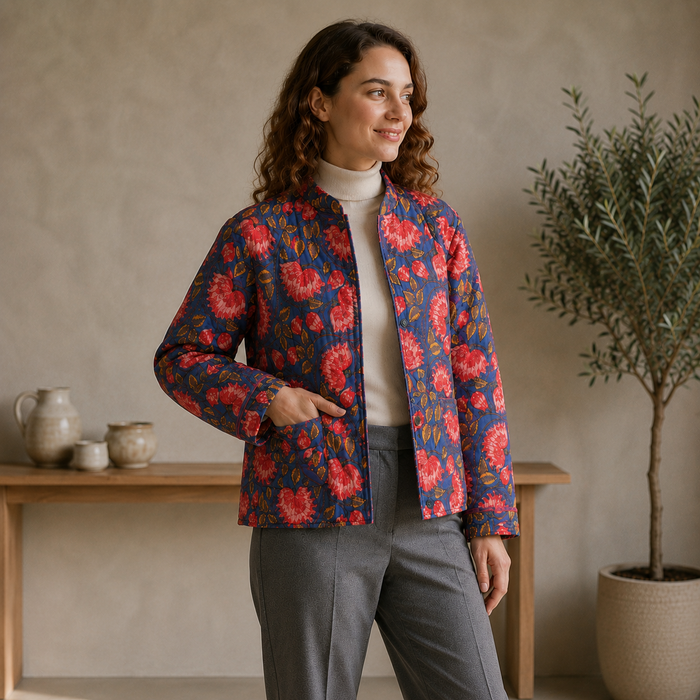 Women’s Floral Printed Quilted Jacket with Full Sleeves