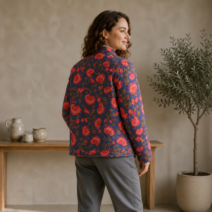 Women’s Floral Printed Quilted Jacket with Full Sleeves