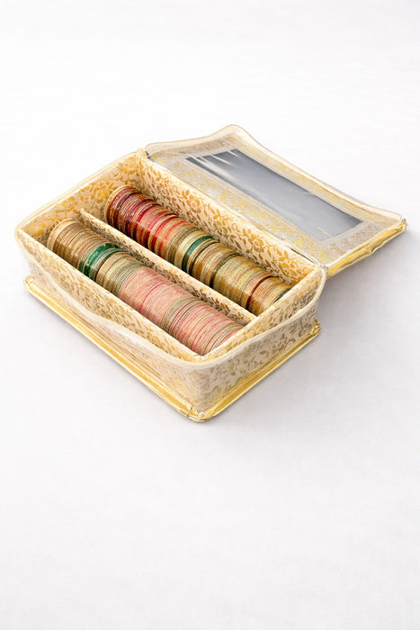 Golden 2 Compartment Bangle Box with Transparent Lid |Brocade Hardboard Two Rod Bangle Box