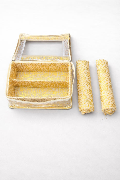 Golden 2 Compartment Bangle Box with Transparent Lid |Brocade Hardboard Two Rod Bangle Box