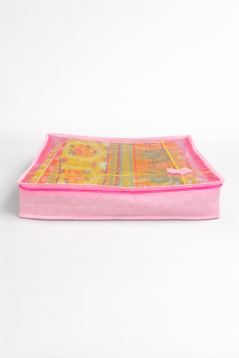 Pink Saree Folder Bag with Transparent Cover | Non Woven Clothes Storage Organizer with Zip Closure