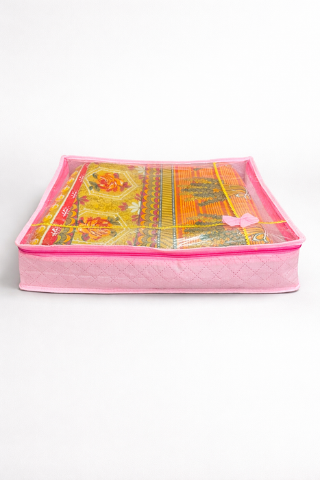 Pink Saree Folder Bag with Transparent Cover | Non Woven Clothes Storage Organizer with Zip Closure