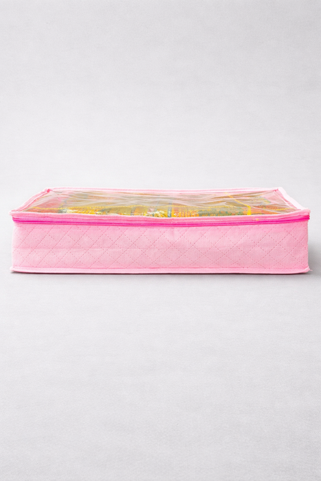 Pink Saree Folder Bag with Transparent Cover | Non Woven Clothes Storage Organizer with Zip Closure