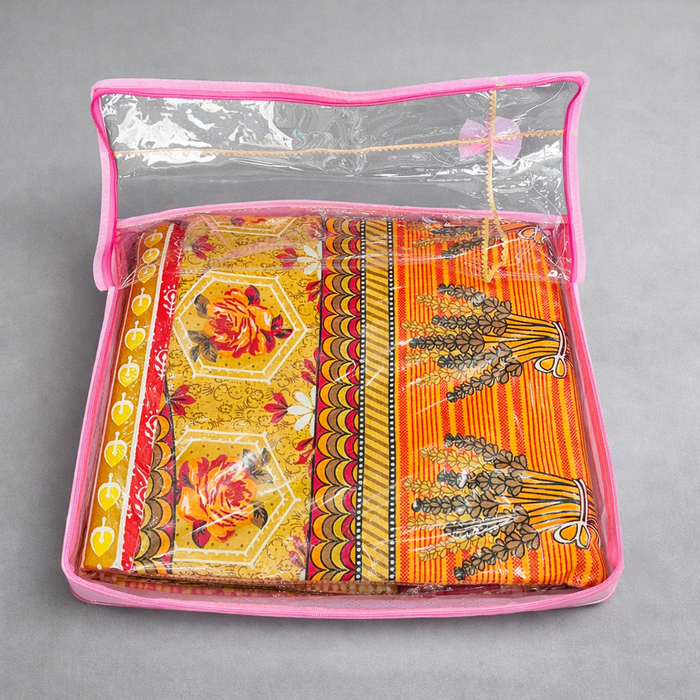 Pink Saree Folder Bag with Transparent Cover | Non Woven Clothes Storage Organizer with Zip Closure