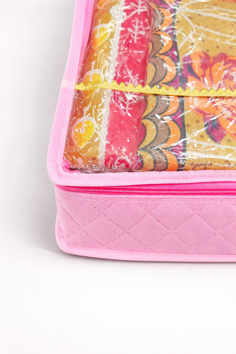 Pink Saree Folder Bag with Transparent Cover | Non Woven Clothes Storage Organizer with Zip Closure