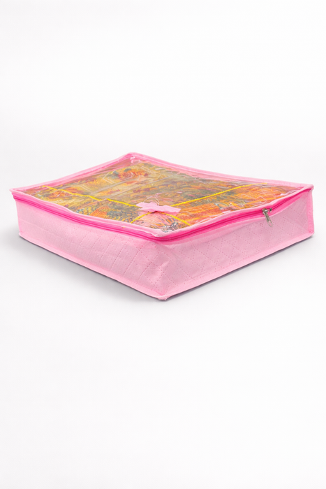 Pink Saree Folder Bag with Transparent Cover | Non Woven Clothes Storage Organizer with Zip Closure