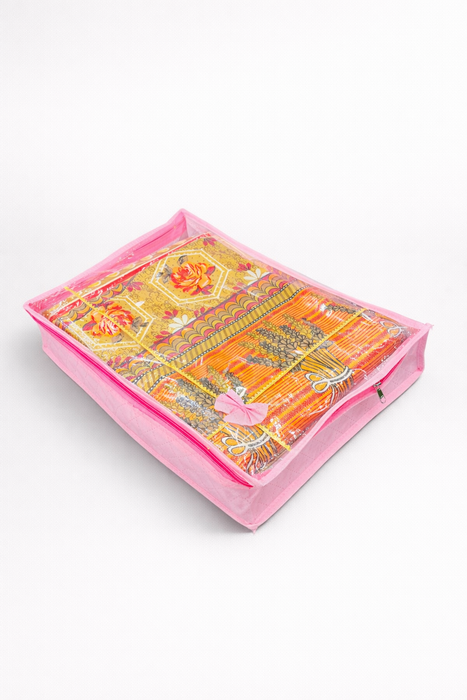 Pink Saree Folder Bag with Transparent Cover | Non Woven Clothes Storage Organizer with Zip Closure